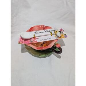 Sculpted Pansy Ceramic Tea Cup Set Corner Ruby's Garden Collection NWT